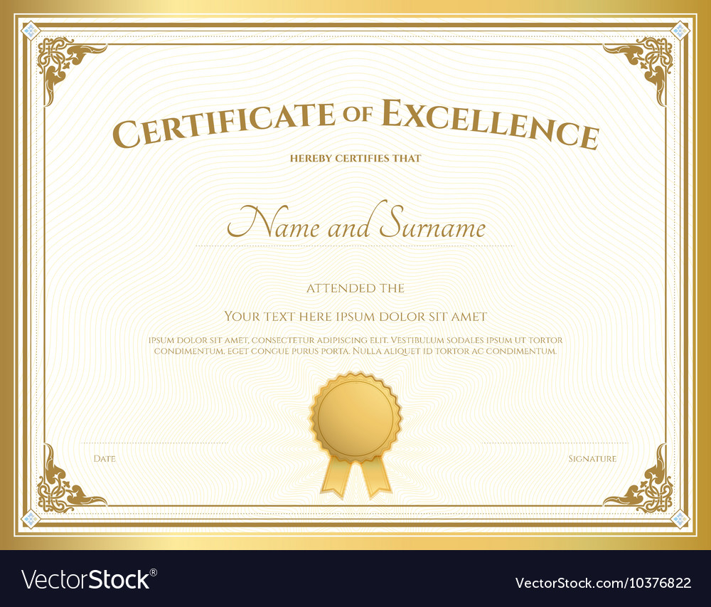 Certificate of excellence template gold theme Vector Image Intended For Free Certificate Of Excellence Template