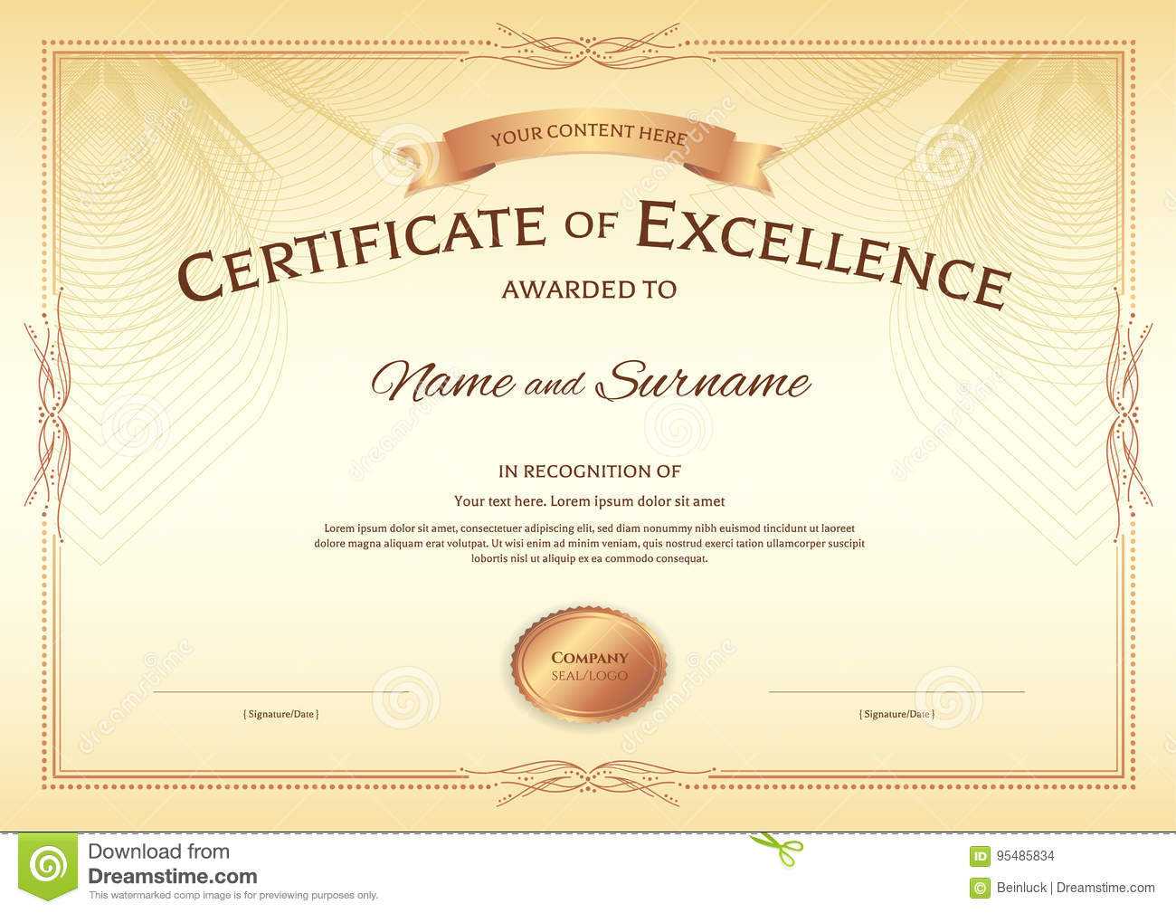 Certificate Of Excellence Template With Award Ribbon On Abstract  For Award Of Excellence Certificate Template