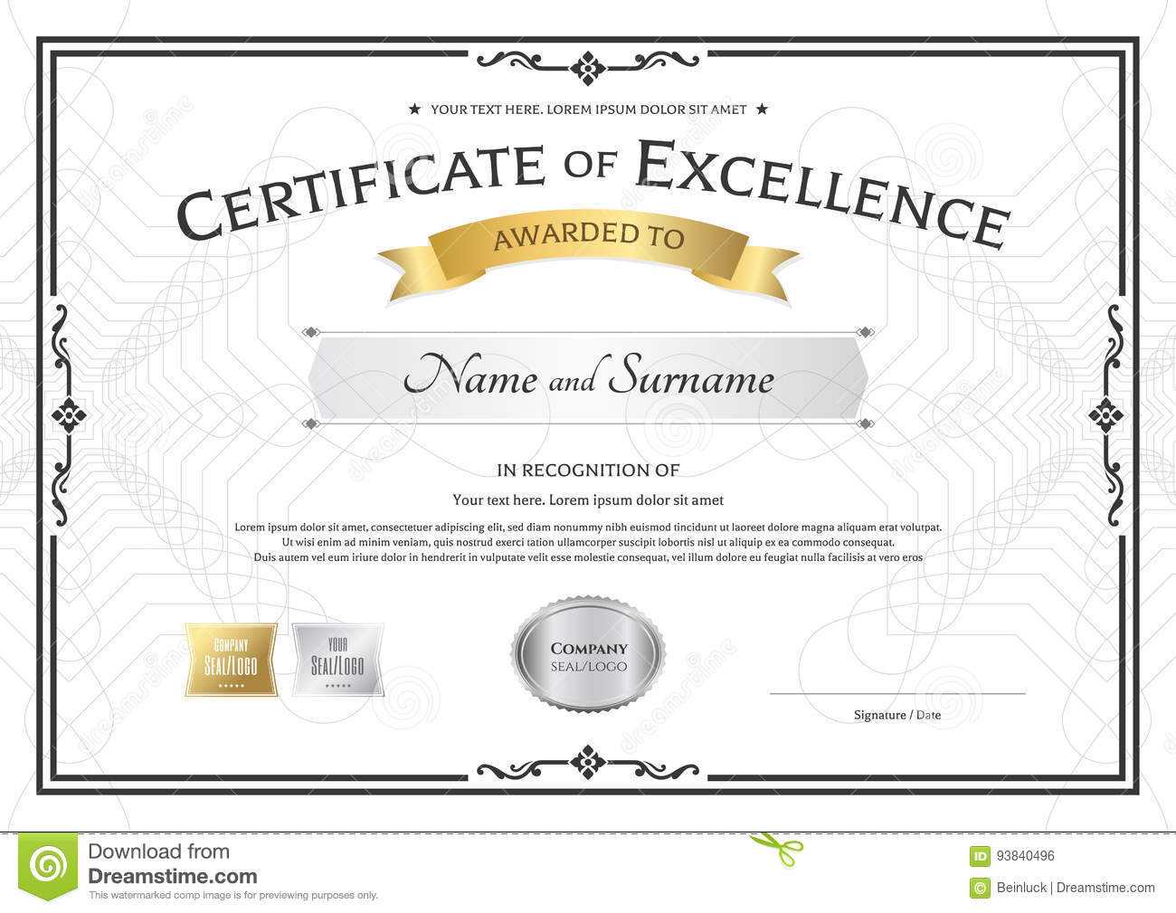 Certificate Of Excellence Template With Gold Award Ribbon On Abs  Intended For Certificate Of Excellence Template Free Download