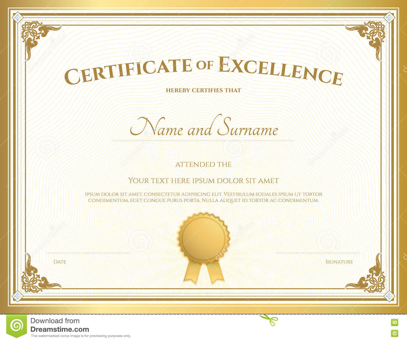 Certificate Of Excellence Template With Gold Border Stock Vector  Inside Certificate Of Excellence Template Free Download