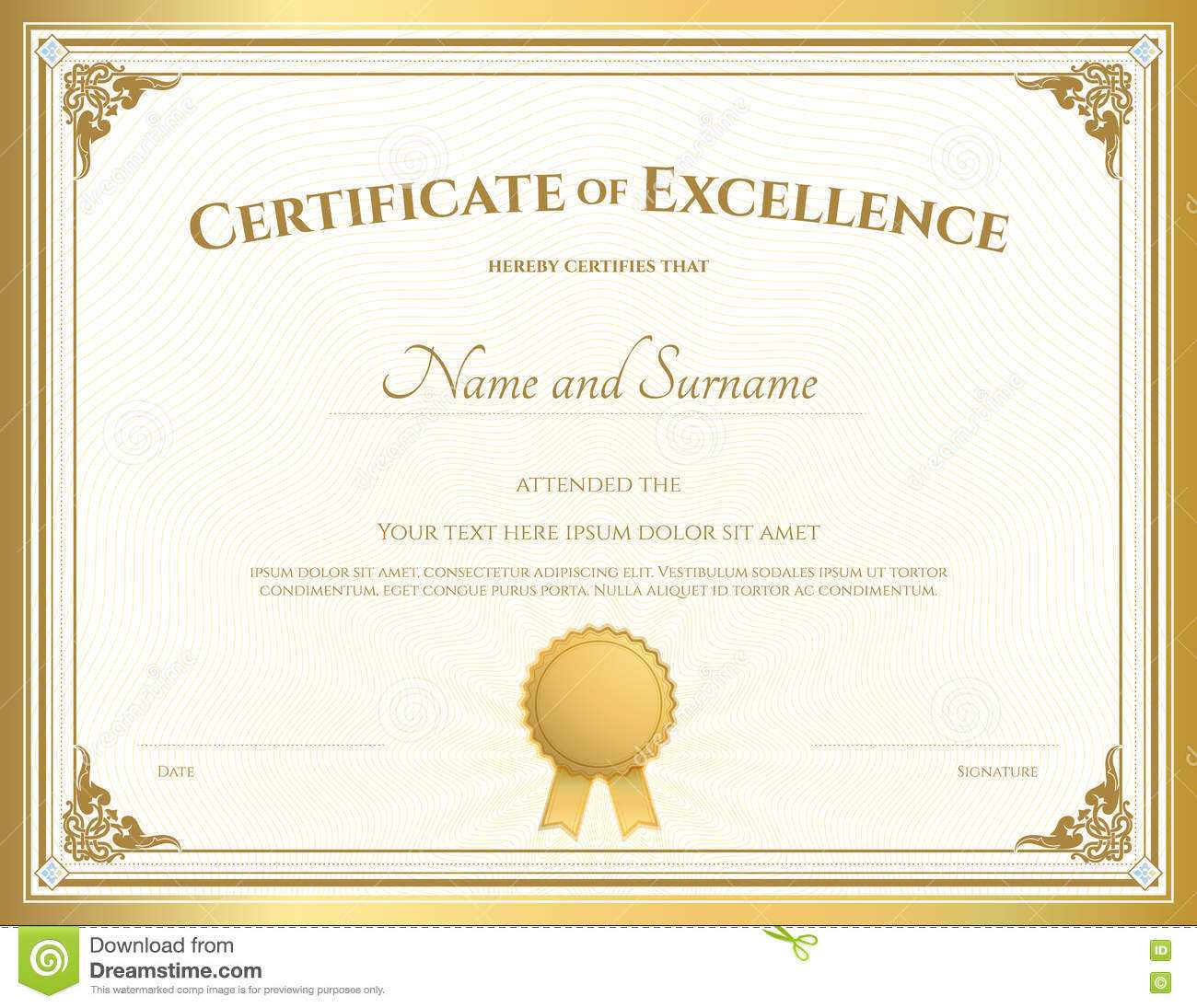 Certificate of Excellence Template with Gold Border Stock Vector  Inside Certificate Of Excellence Template Free Download