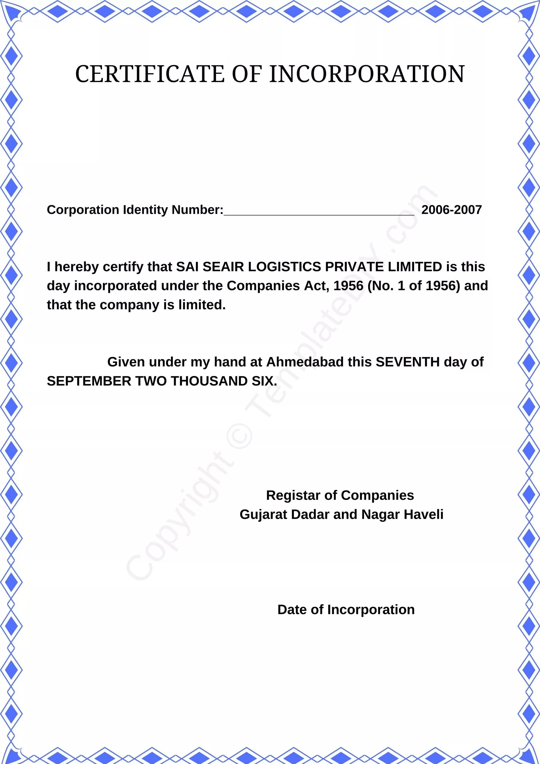Certificate of Incorporation Blank Printable Template in PDF & Word Inside Certificate Of Ownership Template