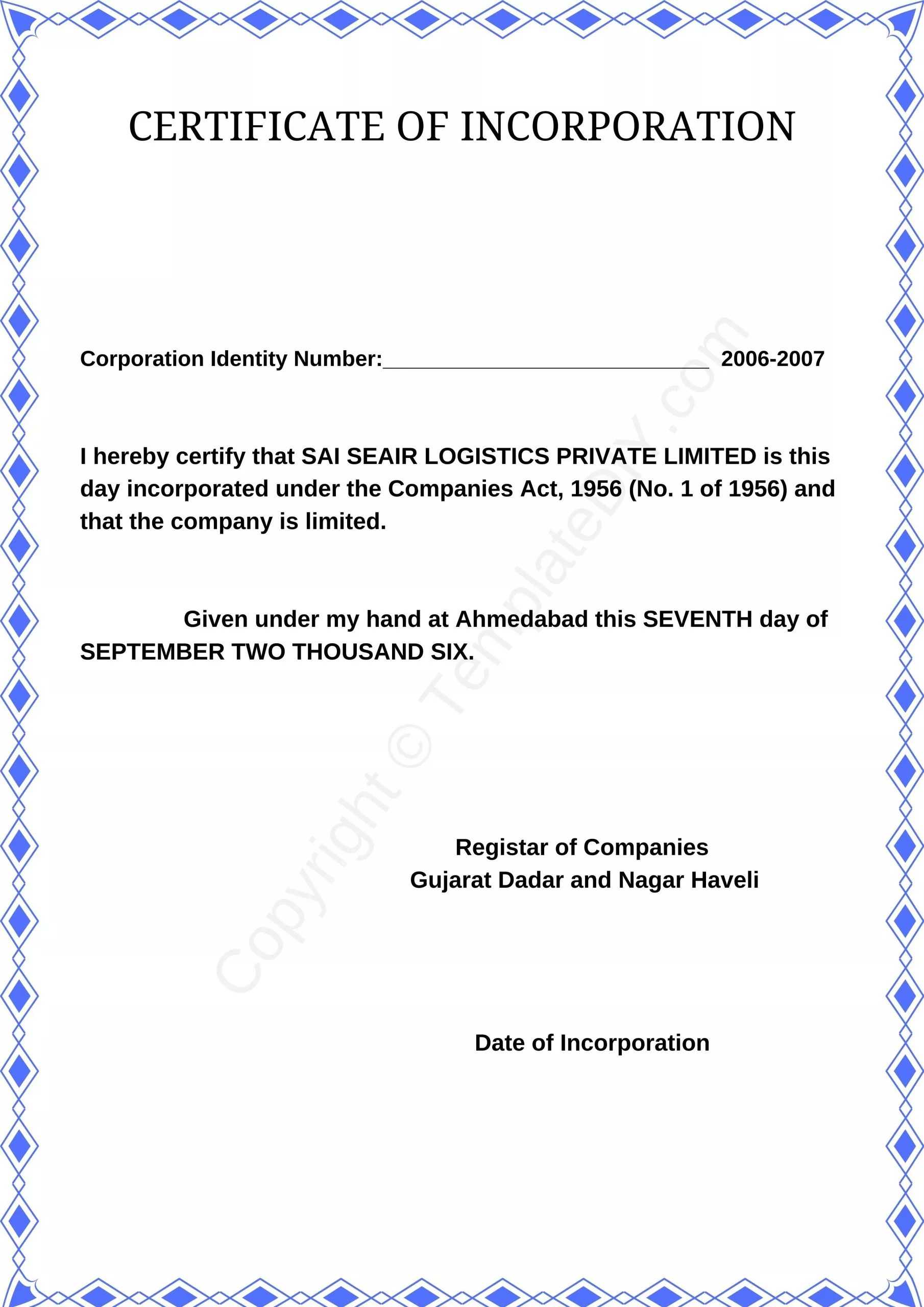 Certificate of Incorporation Blank Printable Template in PDF & Word Inside Certificate Of Ownership Template