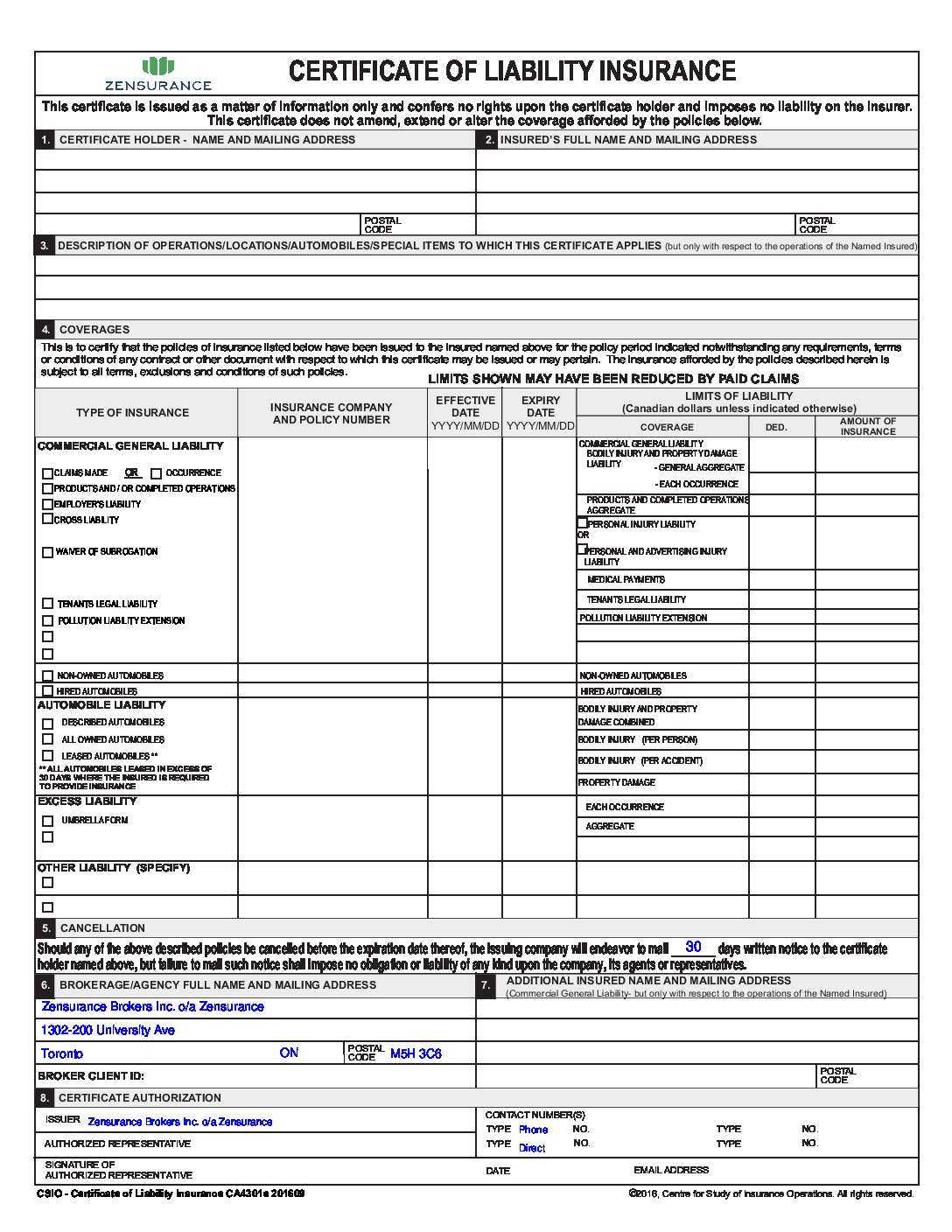 Certificate of Insurance (COI)  Zensurance In Certificate Of Liability Insurance Template