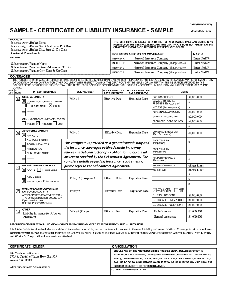 Certificate Of Insurance Form – Fill Online, Printable, Fillable  For Certificate Of Liability Insurance Template