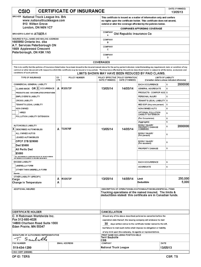 Certificate Of Insurance Form – Fill Online, Printable, Fillable  In Acord Insurance Certificate Template