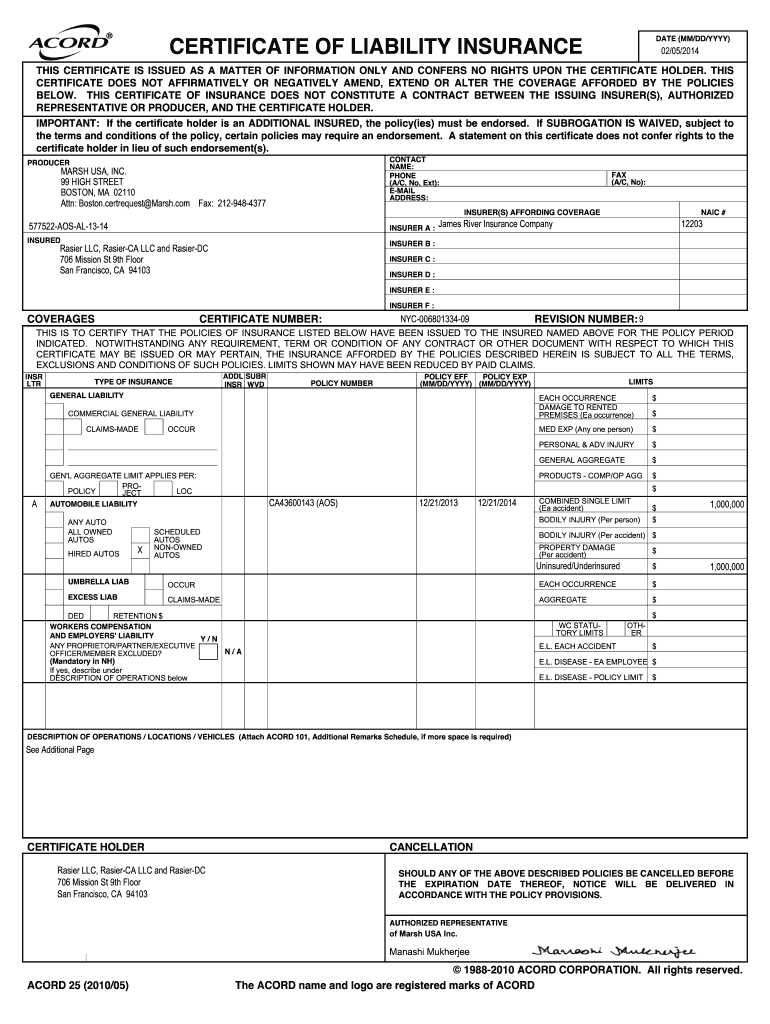 Certificate Of Insurance Form – Fill Online, Printable, Fillable  Pertaining To Certificate Of Liability Insurance Template