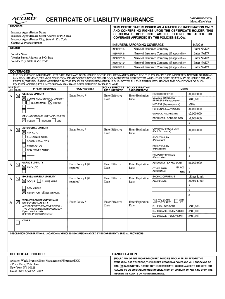 Certificate Of Insurance Sample: Fill Out & Sign Online  DocHub Within Certificate Of Liability Insurance Template