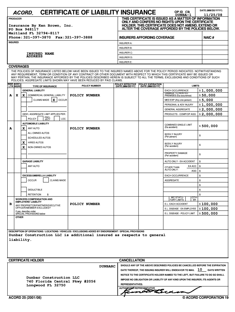 Certificate Of Liability Insurance Form: Fill Out & Sign Online  Regarding Acord Insurance Certificate Template