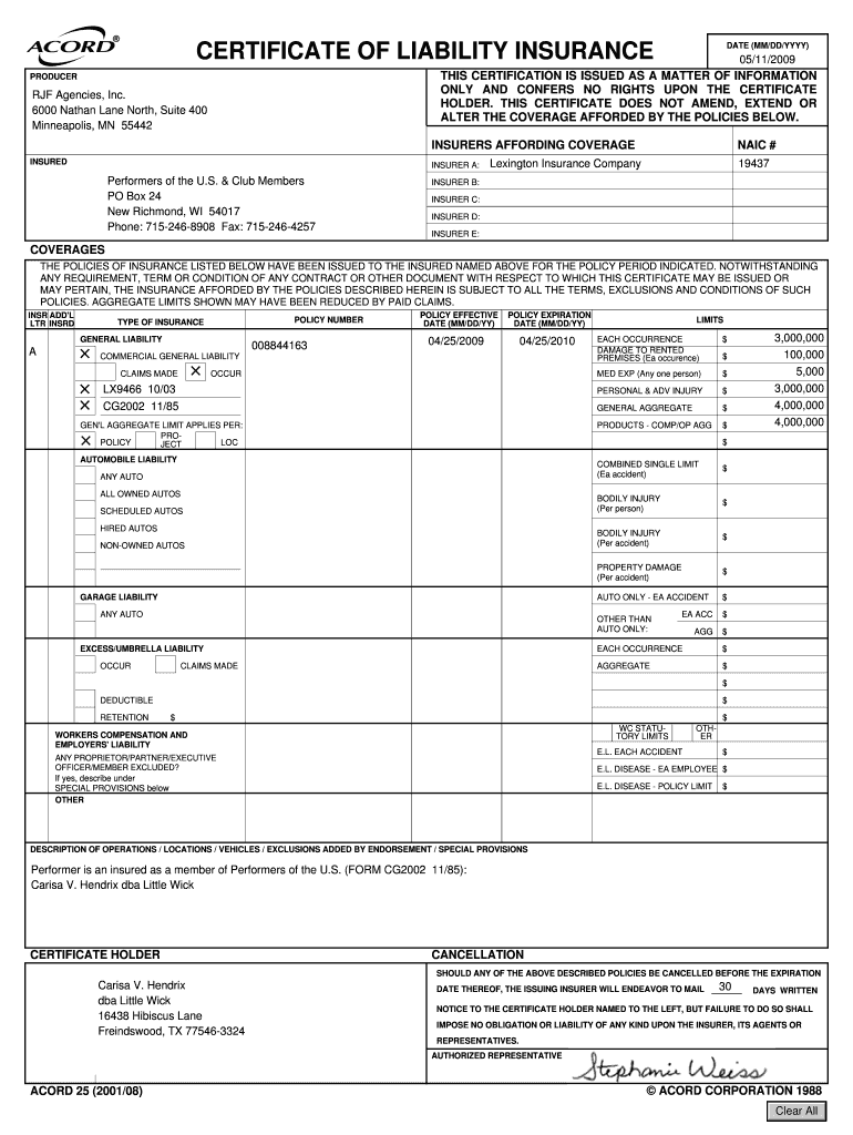 Certificate of liability insurance - Sideshow Darling: Fill out  Throughout Acord Insurance Certificate Template