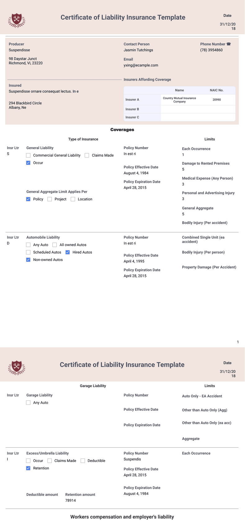 Certificate Of Liability Insurance Template – PDF Templates  Jotform Throughout Certificate Of Liability Insurance Template