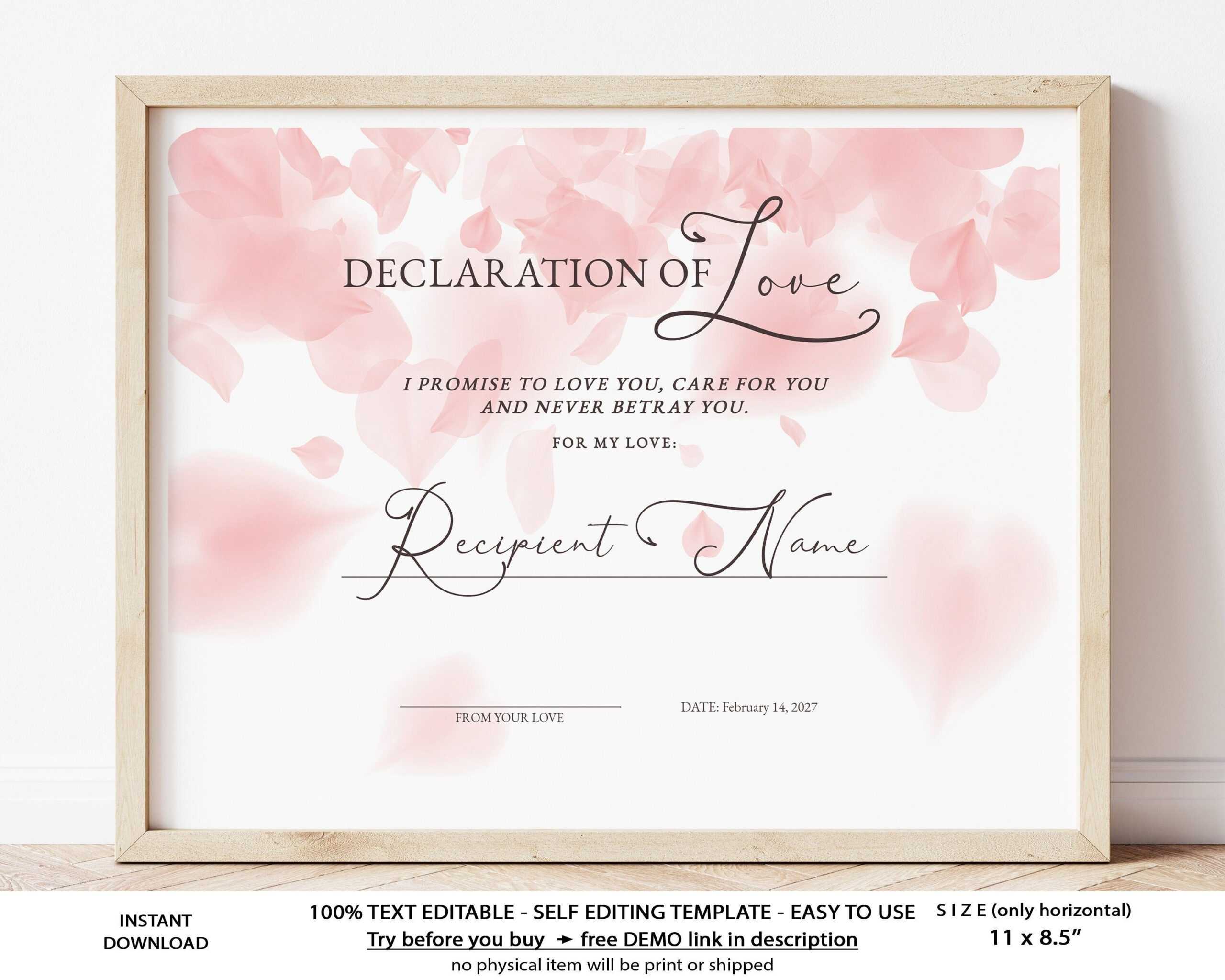 Certificate Of LOVE Declaration Of Love Valentine’s Gift – Etsy Ireland Intended For Love Certificate Templates