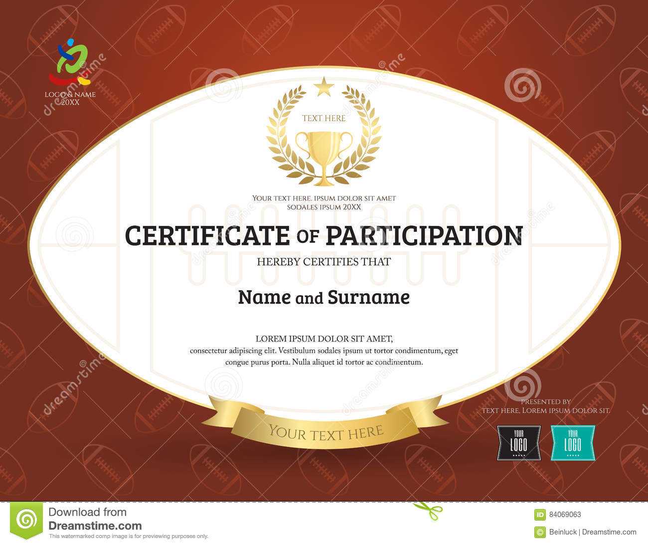 Certificate of Participation Template in Sport Theme with Rugby  For Rugby League Certificate Templates