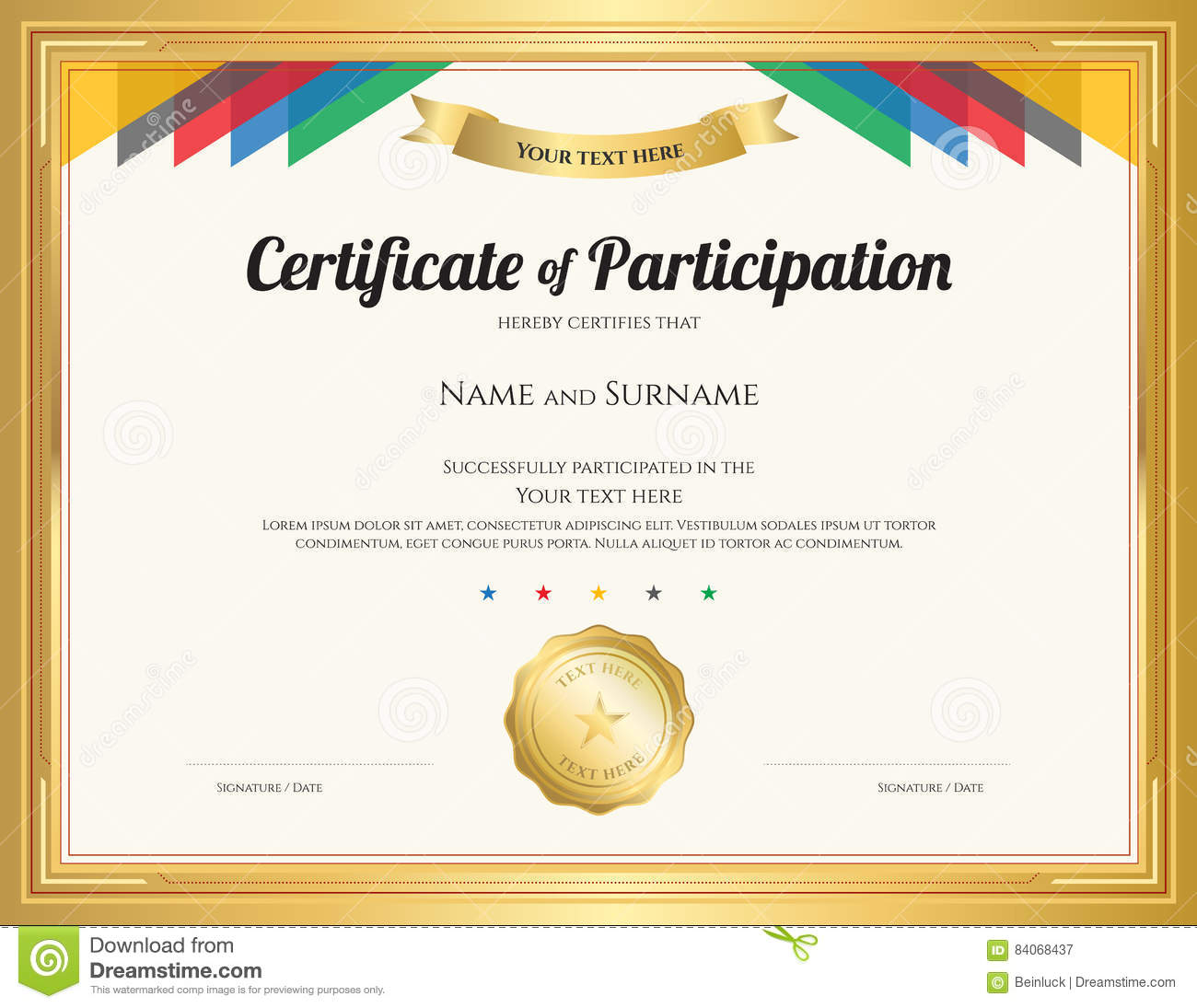 Certificate Of Participation Template With Gold Border Stock  Regarding Free Templates For Certificates Of Participation