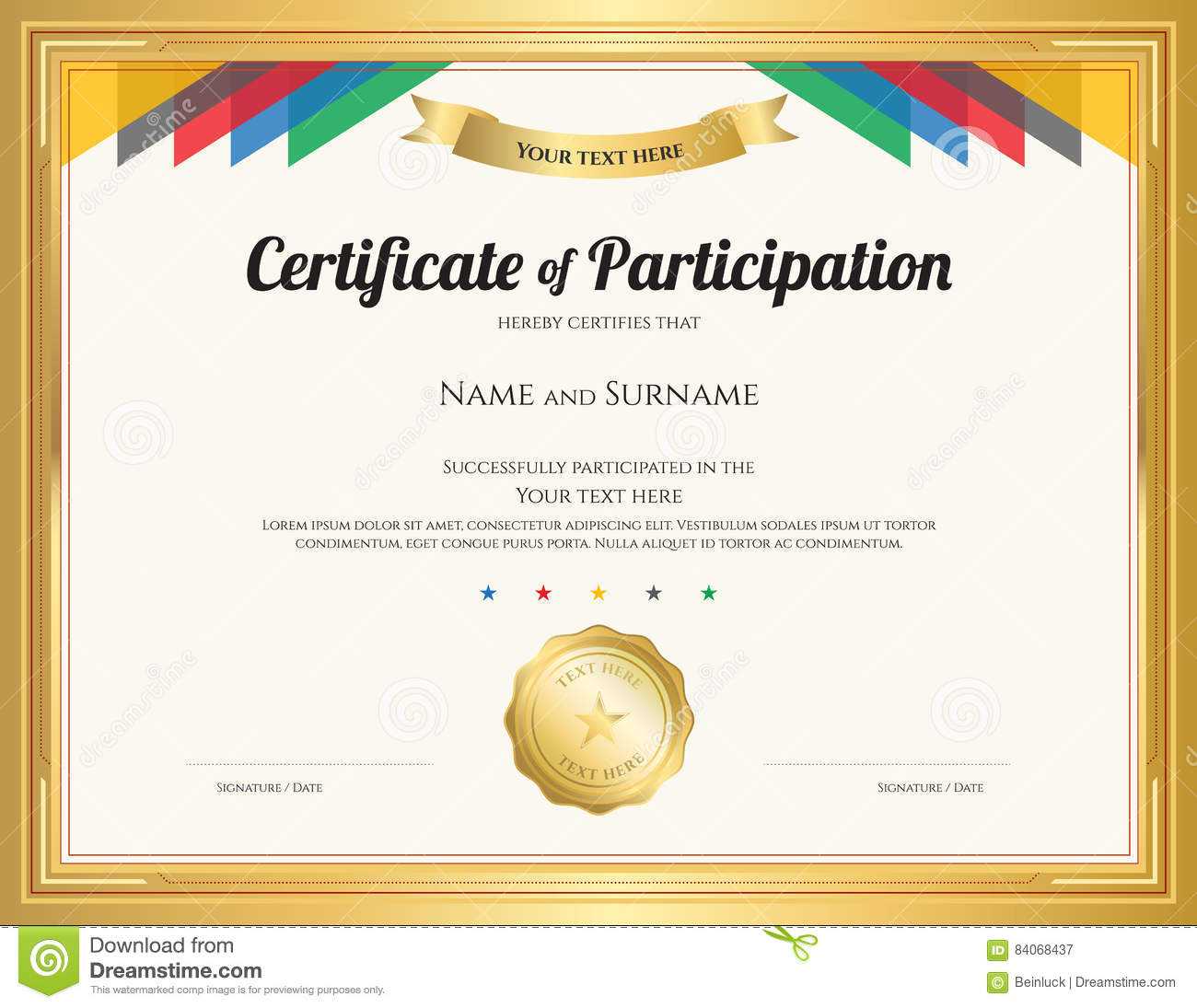 Certificate of Participation Template with Gold Border Stock