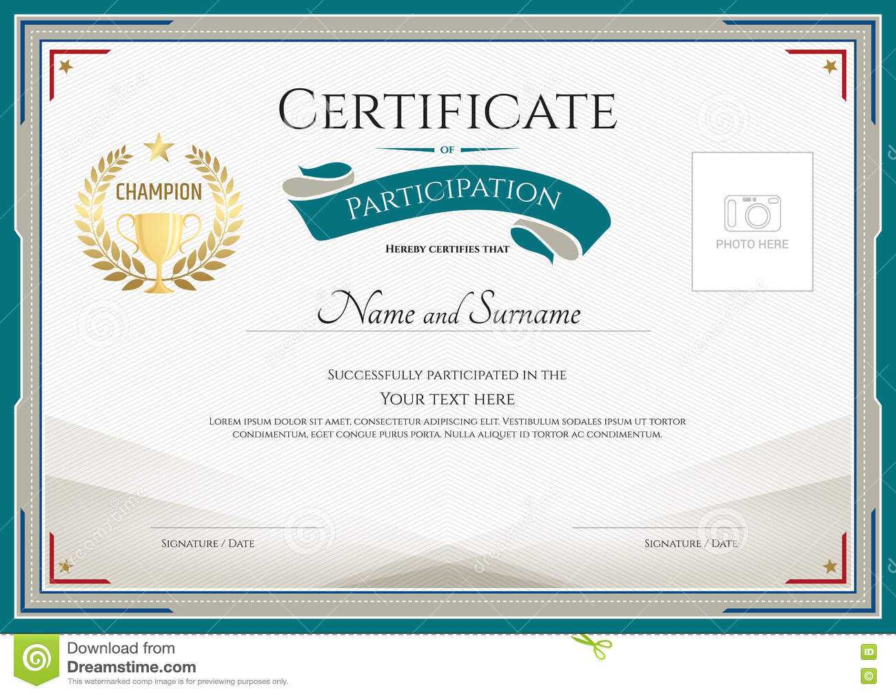 Certificate Of Participation Template With Green Broder, Gold Tr  In Certificate Of Participation Word Template