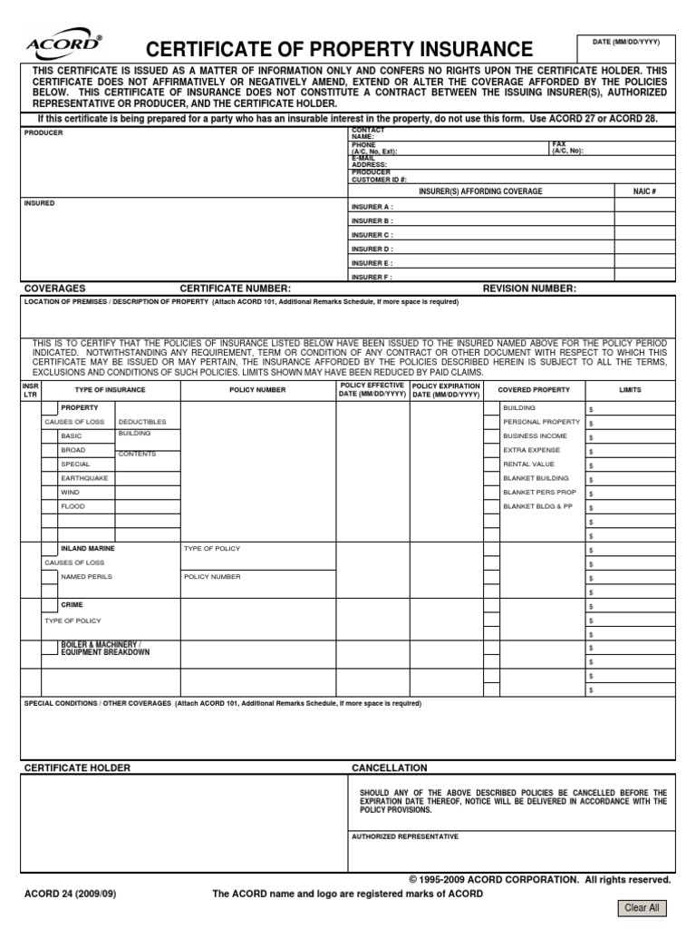 Certificate of Property Insurance PDF  PDF  Insurance  Property Intended For Acord Insurance Certificate Template