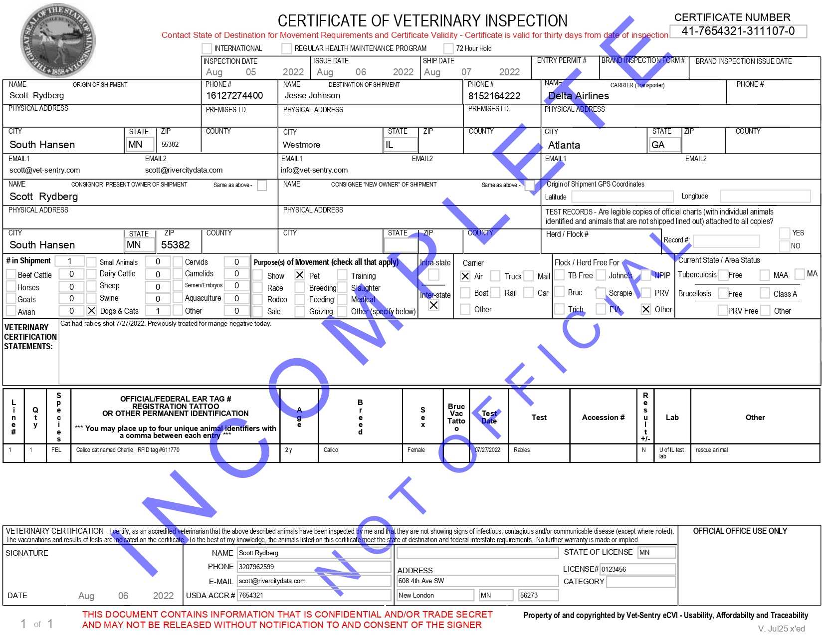 Certificate Of Veterinary Inspection  Animal Inspection & Health