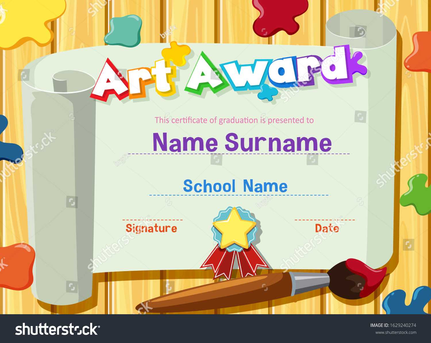 Certificate Template Art Award Paints Paintbrush Stock Vector  For Art Certificate Template Free