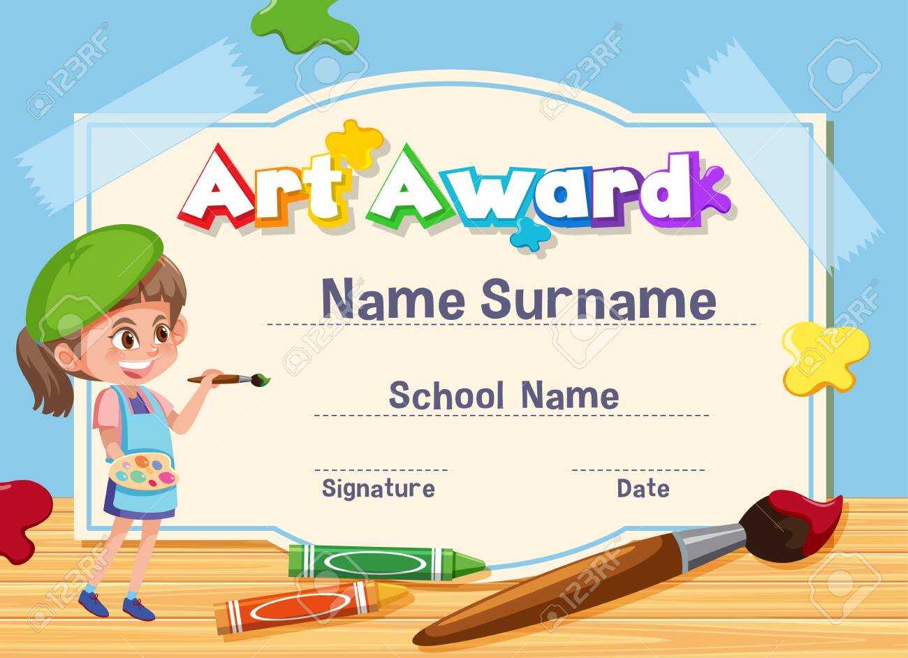 Certificate Template For Art Award With Kid Painting In Background