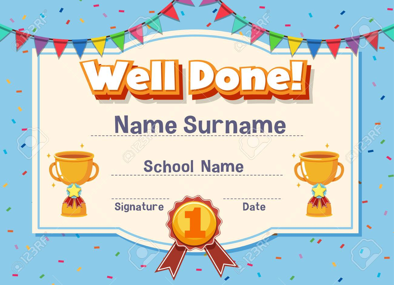 Certificate Template For Well Done With Trophy And Flags In  Intended For Walking Certificate Templates
