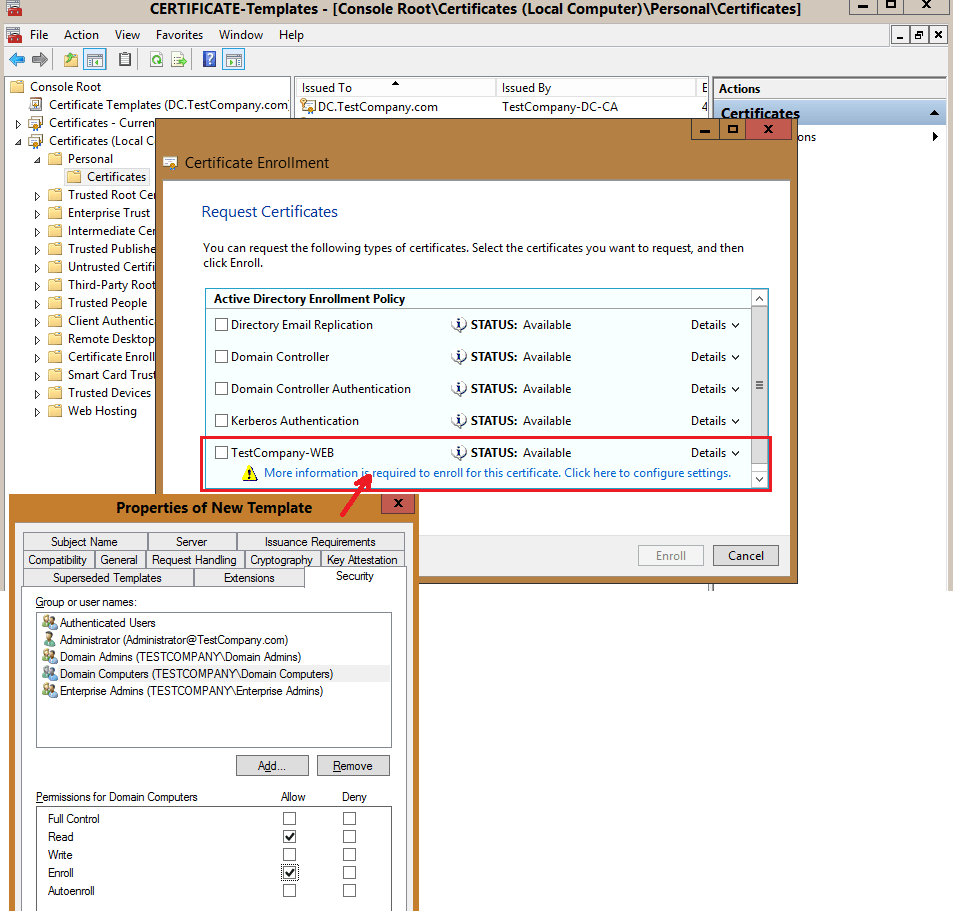 Certificate Template’s Permissions With Regard To Domain Controller Certificate Template