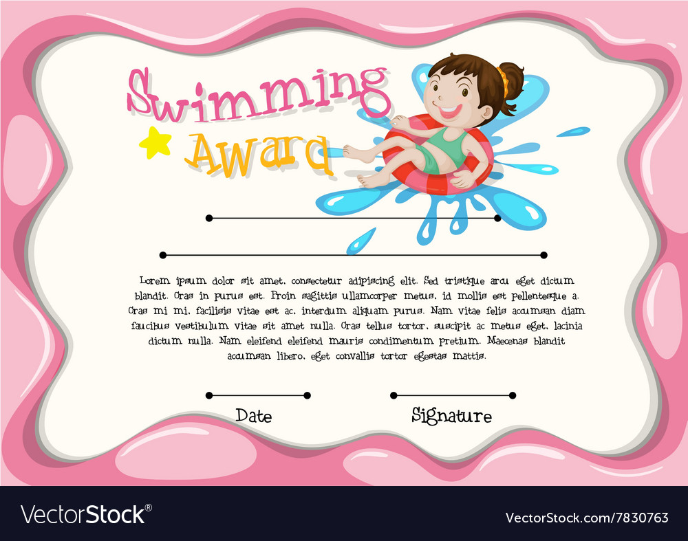Certificate template with girl swimming Royalty Free Vector In Free Swimming Certificate Templates