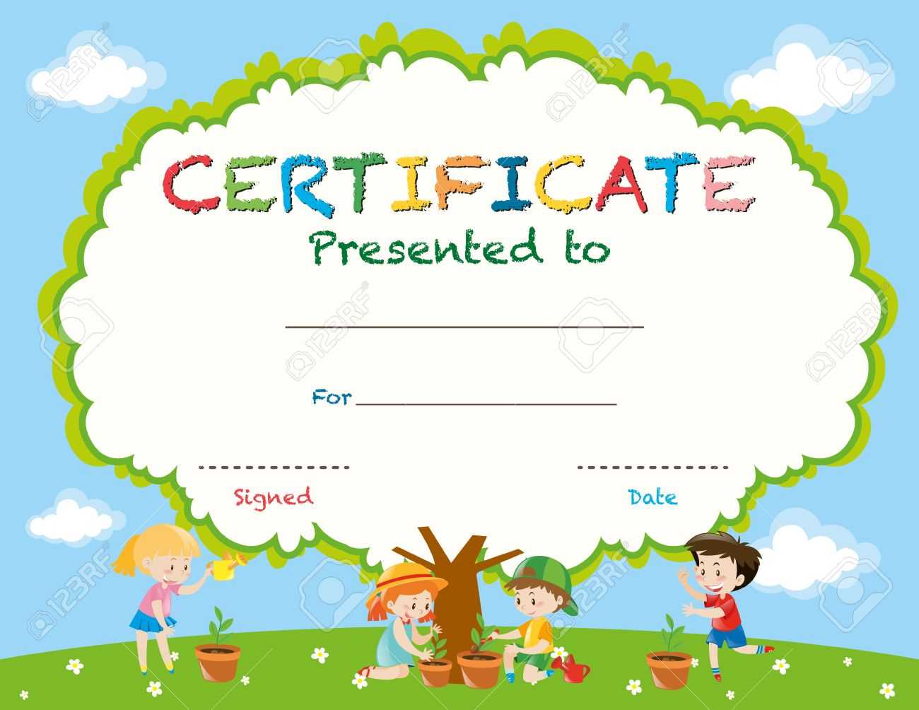 Certificate Template With Kids Planting Trees Illustration Royalty Pertaining To Free Kids Certificate Templates Certificate Template With Kids Planting Trees Illustration Royalty Pertaining To Free Kids Certificate Templates