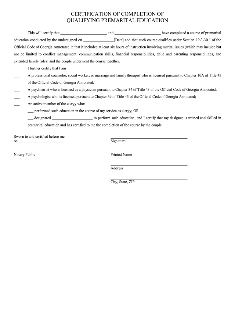 Certification Premarital - Fill Online, Printable, Fillable, Blank  Intended For Premarital Counseling Certificate Of Completion Template