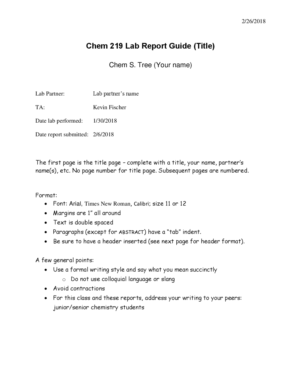 Chemistry Lab Report Guidelines with Example  Lab Reports  With Lab Report Template Chemistry