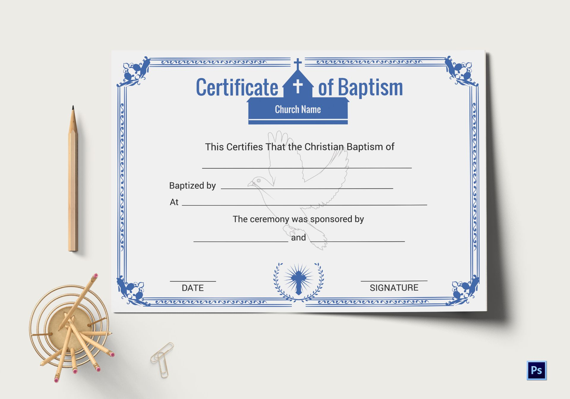 Christian Baptism Certificate Template in Adobe Photoshop  Intended For Christian Certificate Template
