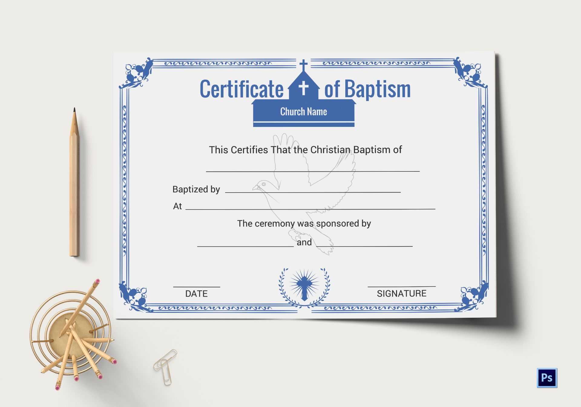 Christian Baptism Certificate Template in Adobe Photoshop  With Christian Baptism Certificate Template