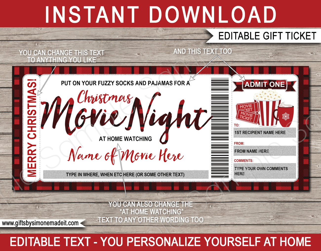 Christmas Movie Night Ticket – Buffalo Plaid With Regard To Movie Gift Certificate Template