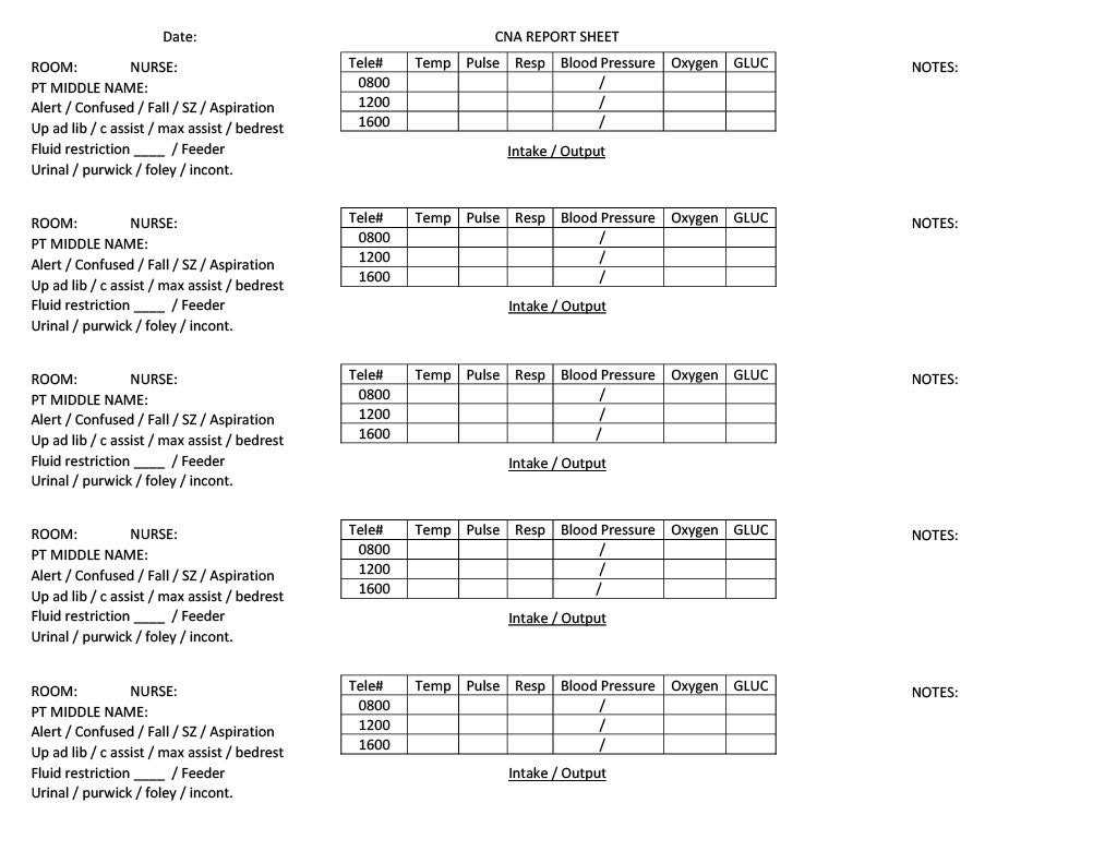 CNA, Nurse Tech Report Sheet, Vital Sign Sheet Inside Nursing Assistant Report Sheet Templates