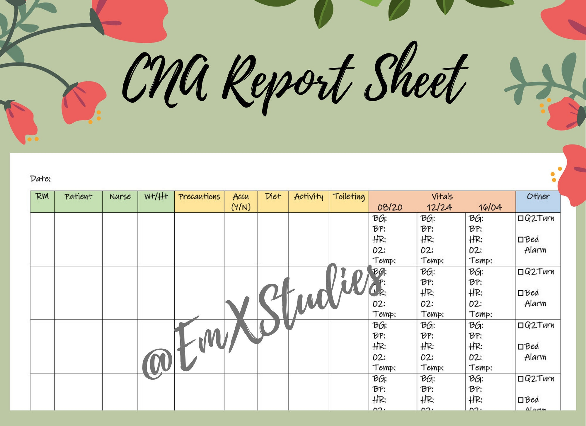 Cna Report Sheet - Etsy Pertaining To Nursing Assistant Report Sheet Templates
