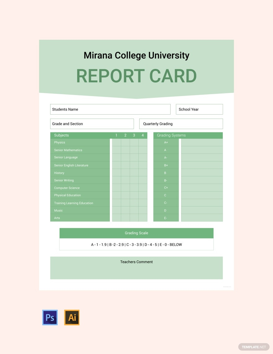 College Report Card Template - Illustrator, PSD  Template