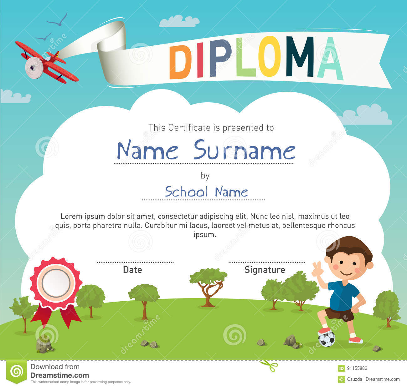 Colorful Kids Summer Camp Diploma Certificate Template Stock  For Summer Camp Certificate Template
