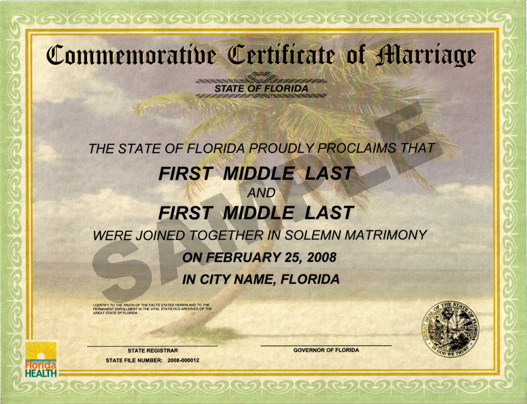 Commemorative Marriage Certificates  Florida Department of Health Within Commemorative Certificate Template