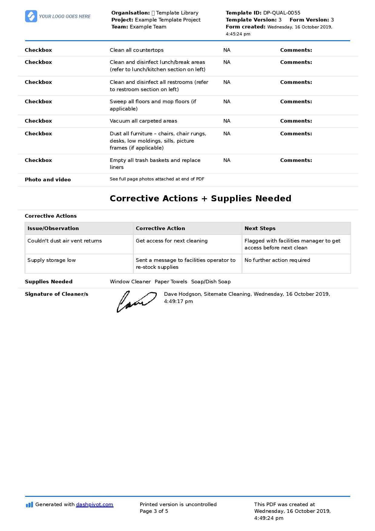 Commercial Cleaning Checklist template (Free + editable checklist) Regarding Cleaning Report Template