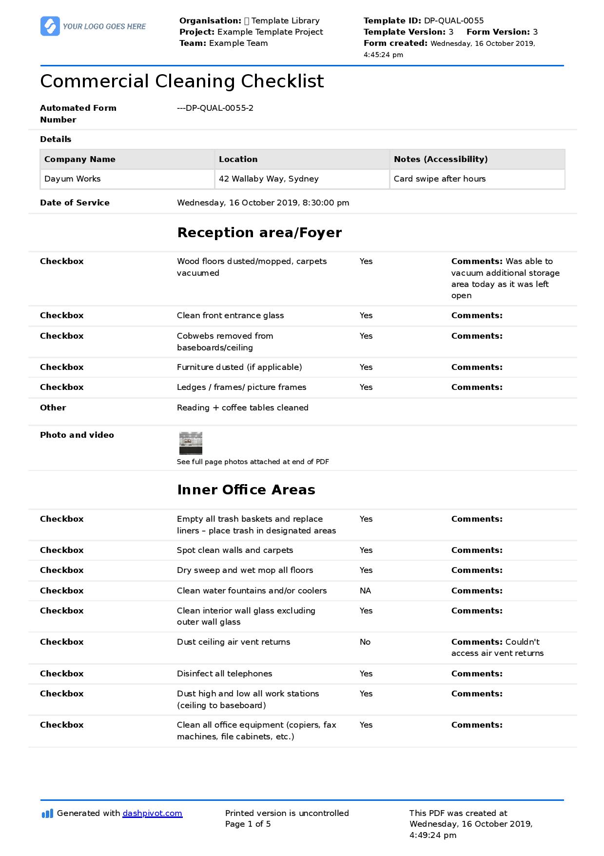 Commercial Cleaning Checklist template (Free + editable checklist) Throughout Cleaning Report Template
