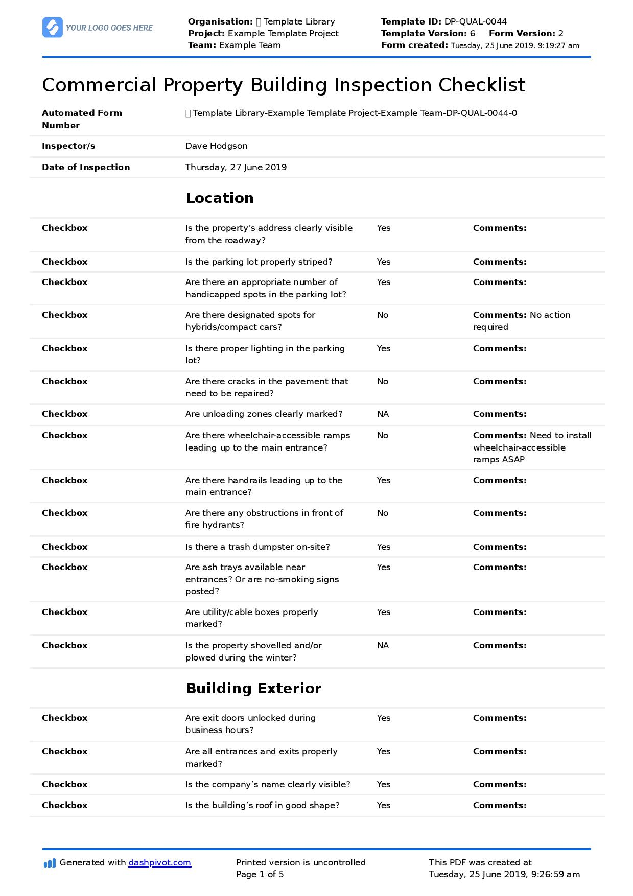 Commercial Property Inspection Checklist template (Use it free here) Inside Pre Purchase Building Inspection Report Template