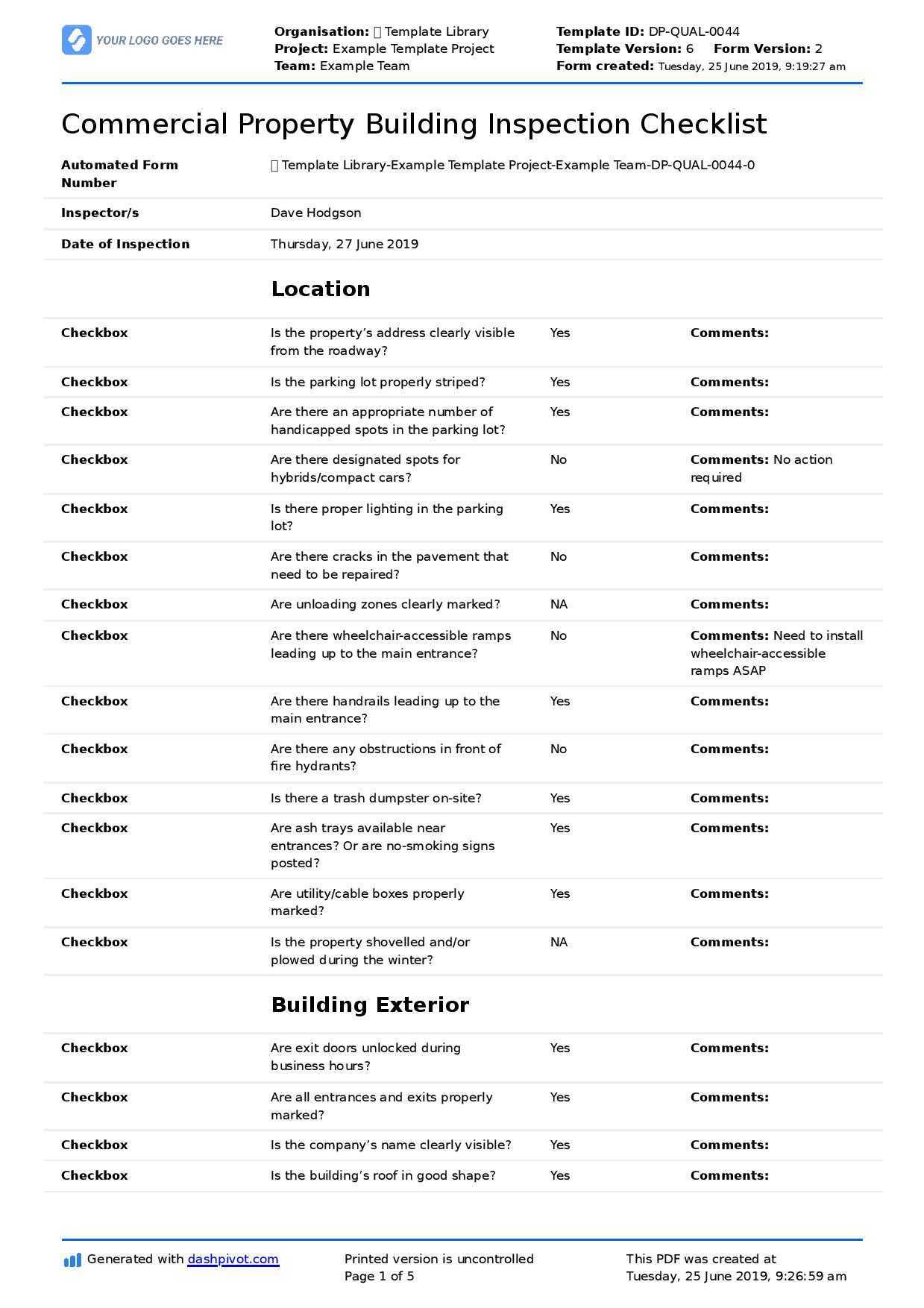 Commercial Property Inspection Checklist Template (Use It Free Here) Pertaining To Commercial Property Inspection Report Template