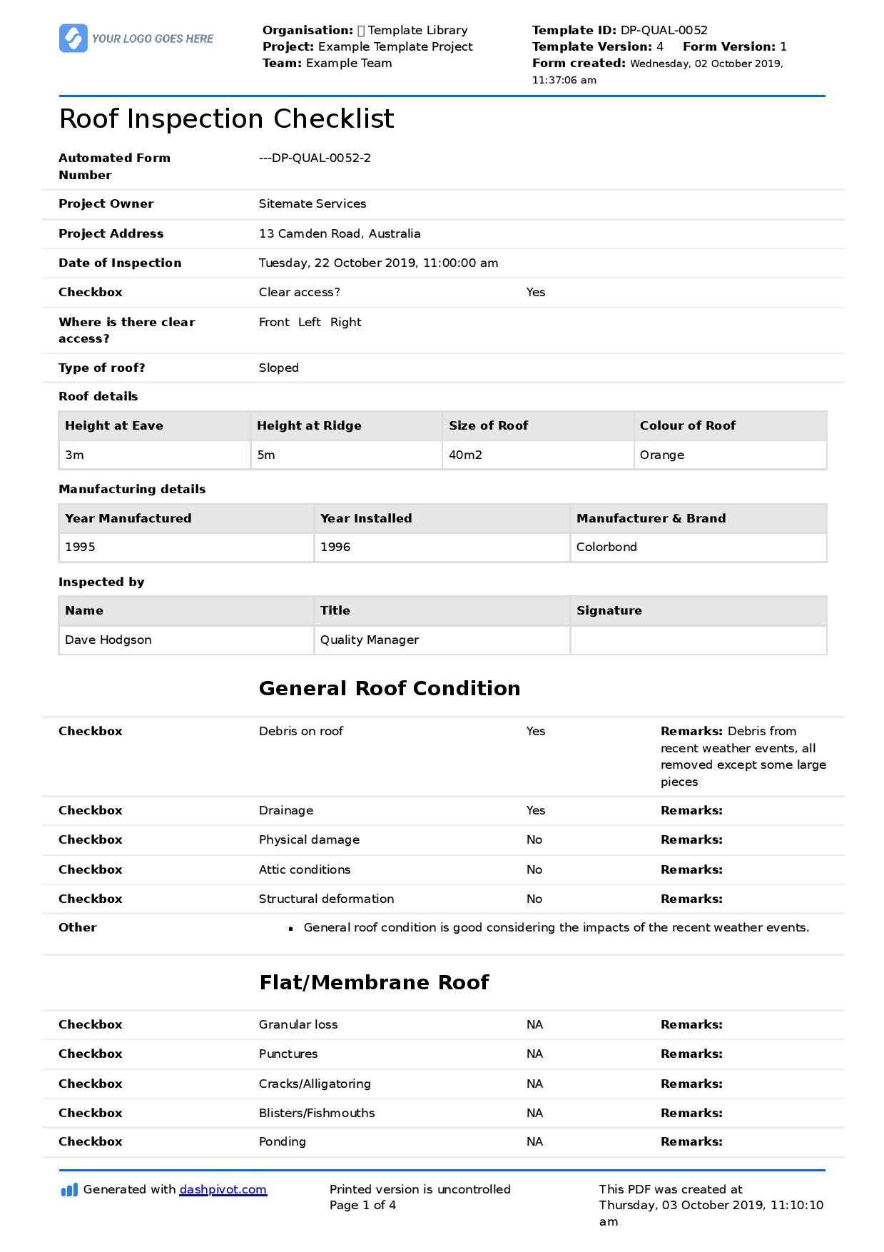 Commercial Roof Inspection Checklist And Report Template With Regard To Roof Inspection Report Template