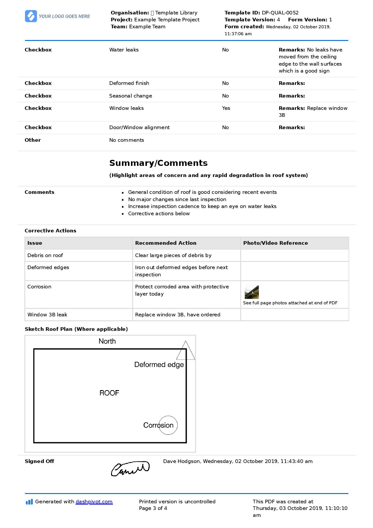Commercial Roof Inspection Checklist and Report template With Roof Inspection Report Template