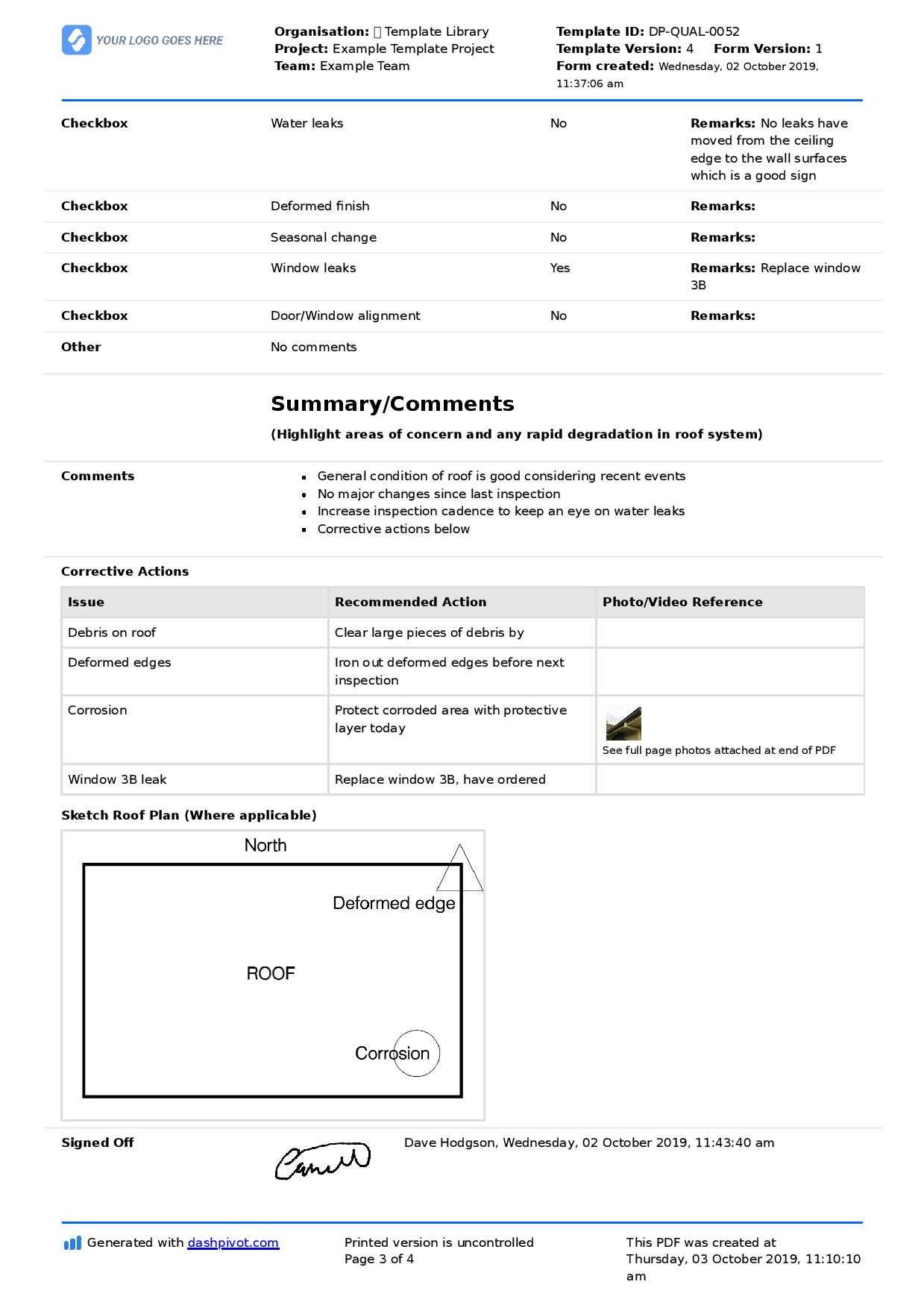 Commercial Roof Inspection Checklist And Report Template With Roof Inspection Report Template