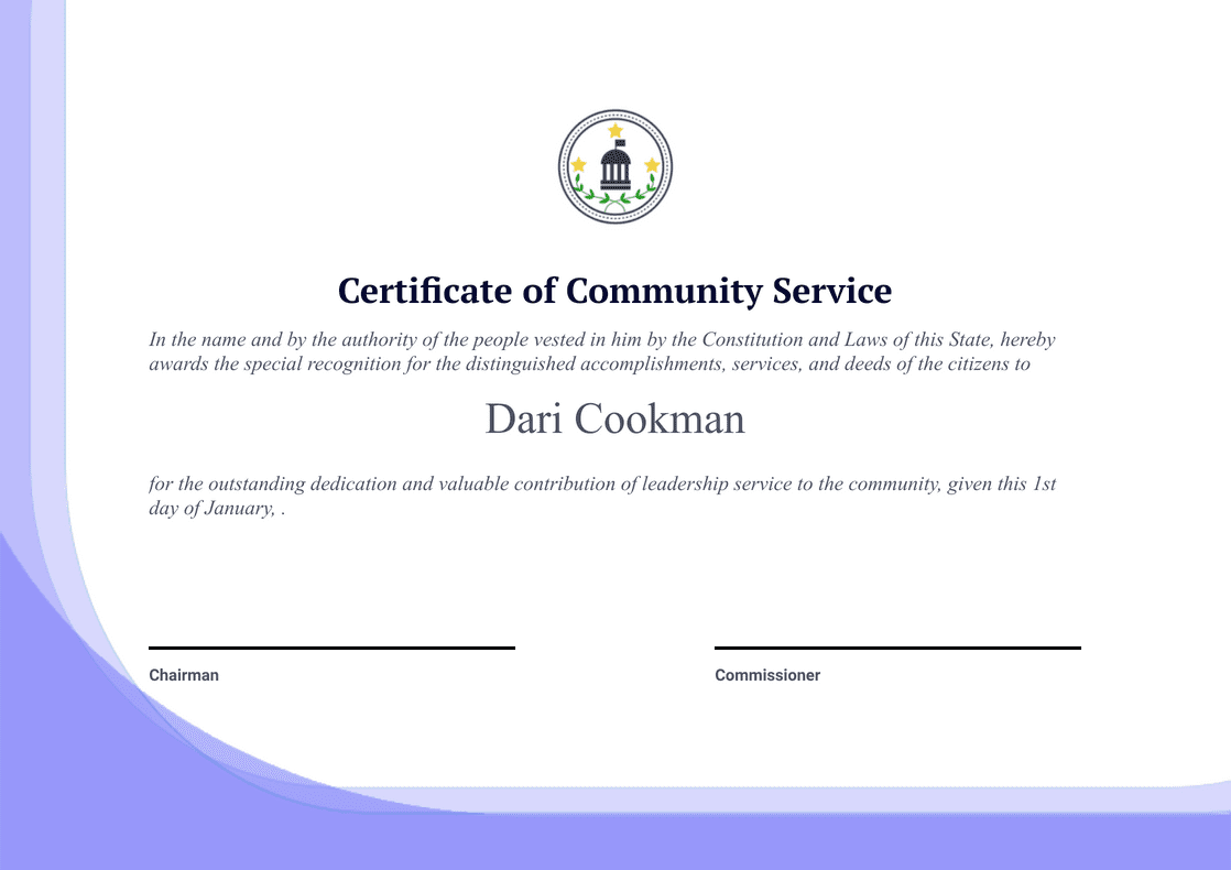 Community Service Certificate Template – PDF Templates  Jotform In Life Saving Award Certificate Template