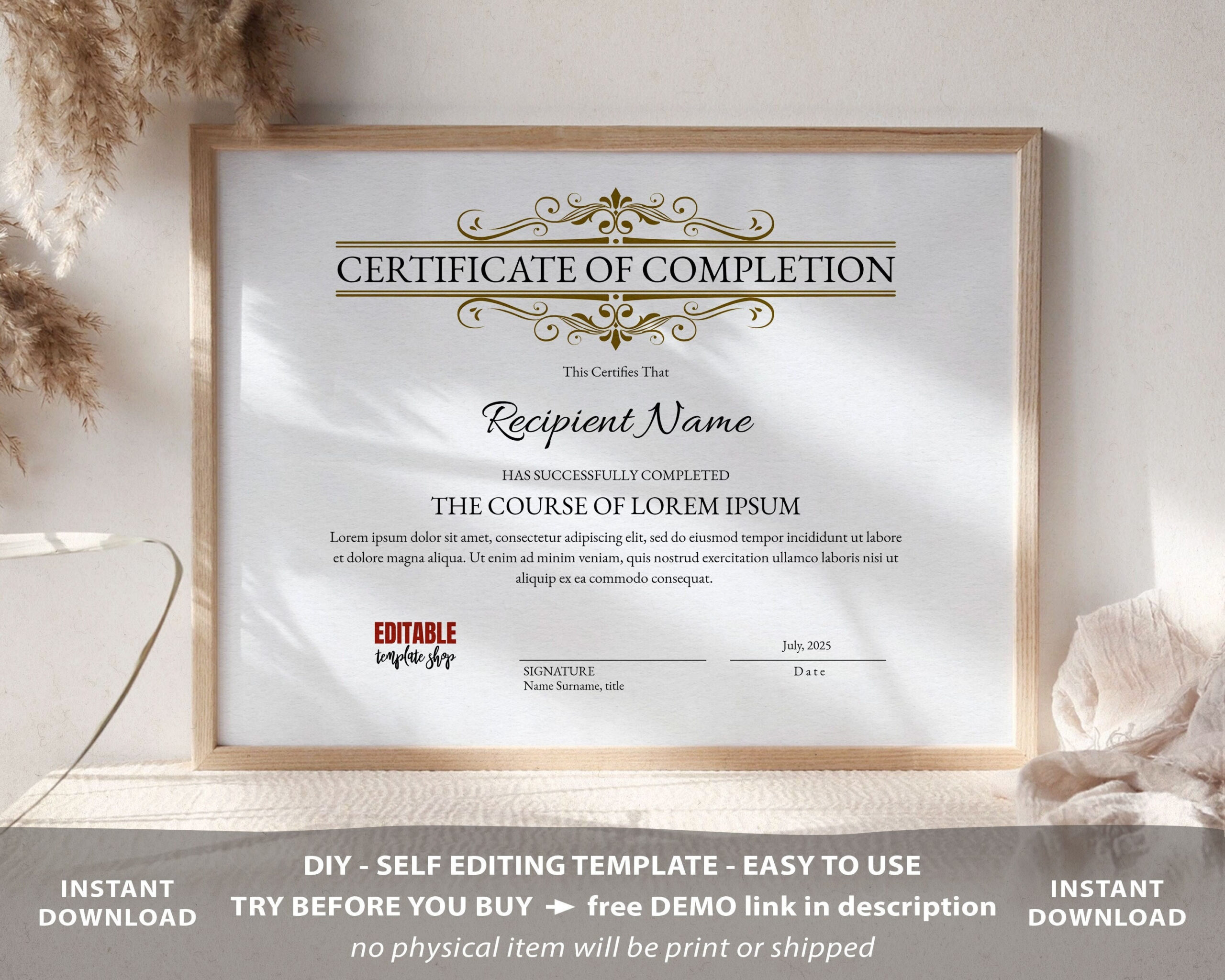 Completion Certificate Template Company Award Certificate – Etsy  With Certificate Of Acceptance Template