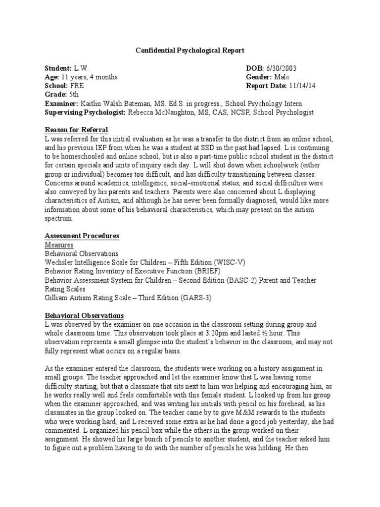 Confidential Psych Report LW  PDF  Autism Spectrum  Autism Within Psychoeducational Report Template