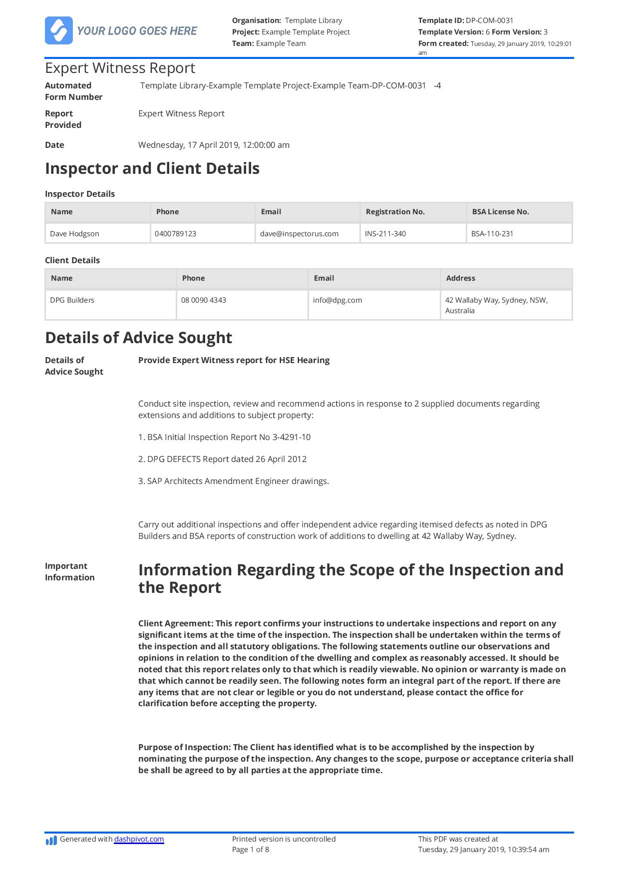 Construction Expert Witness Report example and editable template For Expert Witness Report Template