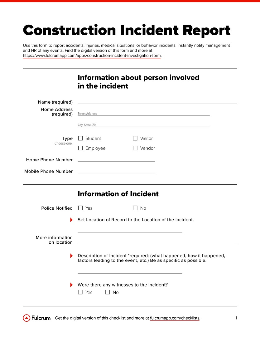 Construction Incident Investigation Form - Checklist With Construction Accident Report Template